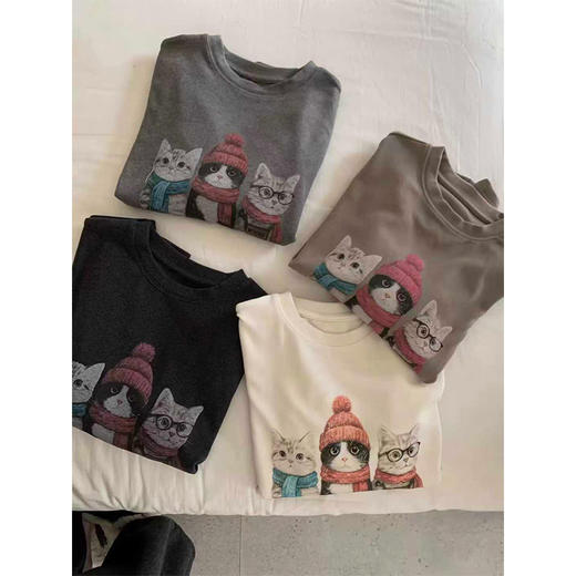 【专柜高品质设计师款】秋冬重磅350G加厚澳绒长袖衫 卡通猫咪印花韩版圆领保暖内搭 商品图4