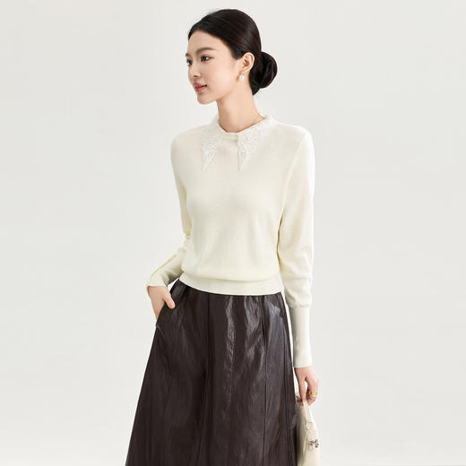 「高货wl」全新升级【铂金会员183/天猫239/差价56】(04229)洛诗琳蕾丝刺绣领针织衫2025秋冬绵羊毛混纺打底上衣女 商品图2