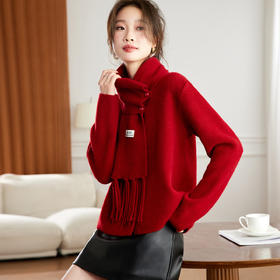 CC 2237韩系圆领毛衣外套流苏围巾宽松针织开衫