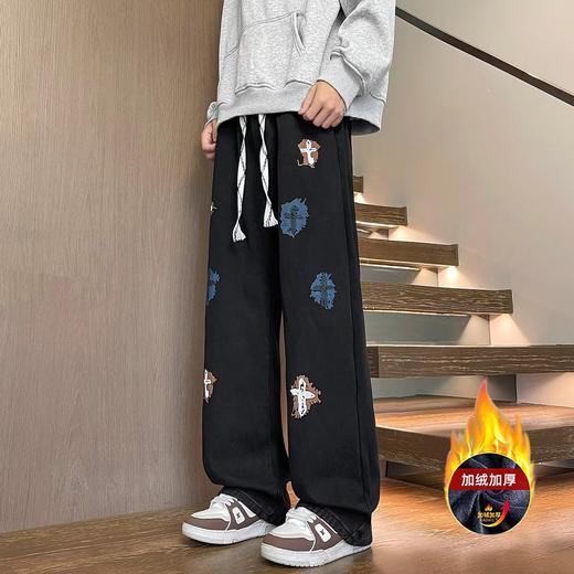 D122425加绒加厚冬季美式高街侧边十字架抽绳卫裤休闲牛仔裤 商品图0