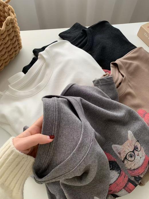 【专柜高品质设计师款】秋冬重磅350G加厚澳绒长袖衫 卡通猫咪印花韩版圆领保暖内搭 商品图7