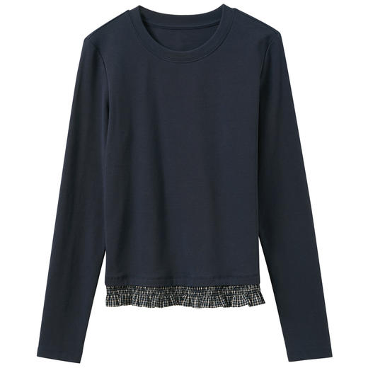 三彩2026春季新款木耳边格子拼接长袖打底衫T恤套头上衣修身M 商品图4