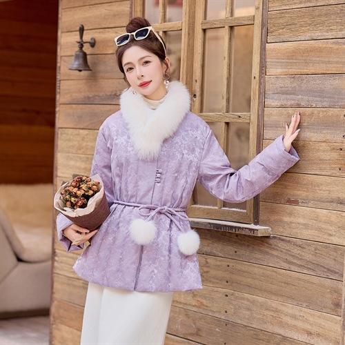 HR YJLY2607提花新中式A版系带狐狸毛羽绒服白鸭绒 商品图4