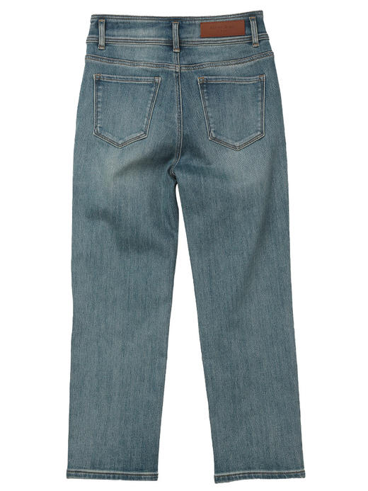 松弛感日常穿搭 浅蓝做旧高腰九分牛仔裤 双扣细节 + 毛边裤脚宽松显瘦直筒裤 商品图1