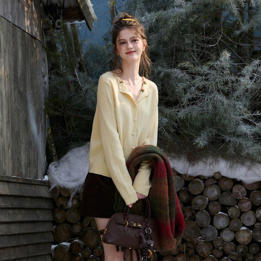 三彩2026春季新款花朵翻领针织衫毛衫简约长袖开衫外套休闲M 商品图3