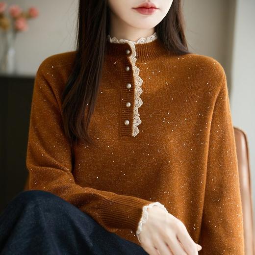 「自」全新升级【铂金会员146/天猫199/差价53】(00200)洛诗琳蕾丝花边立领针织衫2025秋冬显瘦亮片加厚针织毛衣女 商品图2