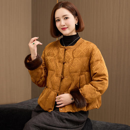 OSL 88K10水貂毛袖口可拆卸香云纱鹅绒服国风妈妈装羽绒服 商品图3