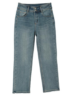 松弛感日常穿搭 浅蓝做旧高腰九分牛仔裤 双扣细节 + 毛边裤脚宽松显瘦直筒裤