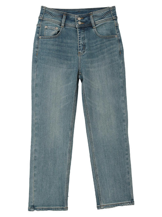 松弛感日常穿搭 浅蓝做旧高腰九分牛仔裤 双扣细节 + 毛边裤脚宽松显瘦直筒裤 商品图0