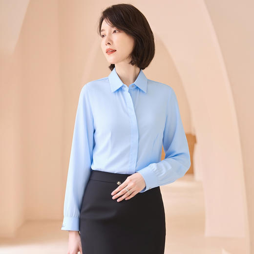 罗蒙女士长袖衬衫暗门襟设计纯色职业商务风优雅干练通勤舒适亲肤长袖衬衣 商品图4