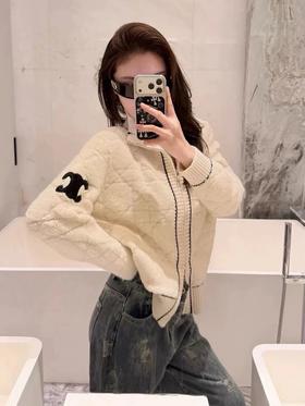 C*line冬季菱格高领拉链开衫毛衣外套