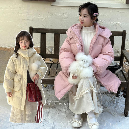 直发【喜慕7185 】 断码特价， 万年经典款，儿童连帽蝴蝶结抽绳羽绒服 中长款羽绒服 商品图0