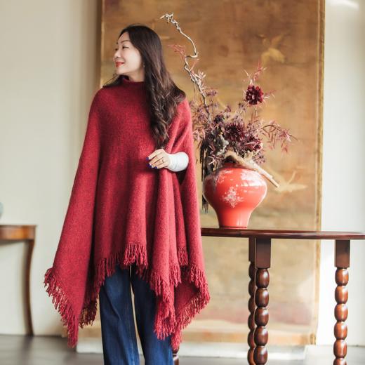 【林栖设计小店】流苏毛织披肩酒红色优雅百搭宽松2025秋冬新款高领斗篷上衣女2954006B 商品图1