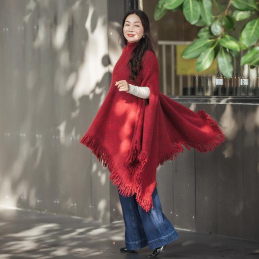【林栖设计小店】流苏毛织披肩酒红色优雅百搭宽松2025秋冬新款高领斗篷上衣女2954006B 商品图2