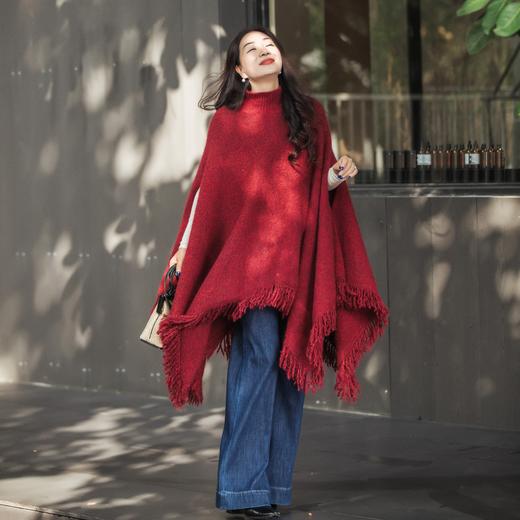 【林栖设计小店】流苏毛织披肩酒红色优雅百搭宽松2025秋冬新款高领斗篷上衣女2954006B 商品图0