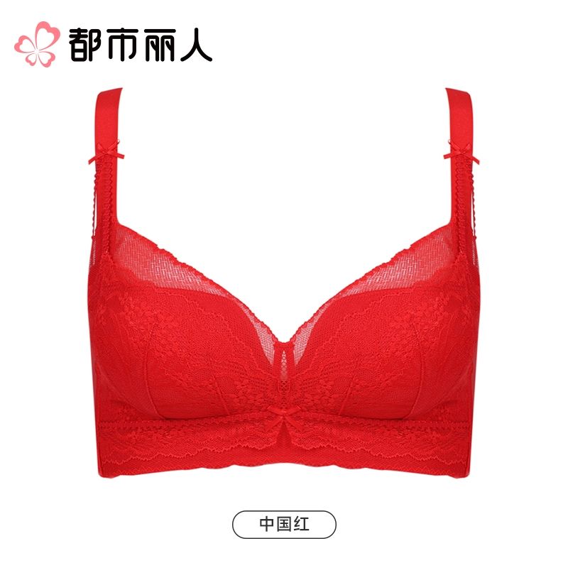 都市丽人内衣红品加加厚薄文胸蕾丝内衣四排四扣无钢圈LJC1A101