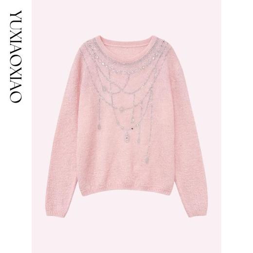 余潇潇【银河轨迹】含马海毛羊毛混纺项链式垂坠烫钻圆领宽松毛衣 商品图4