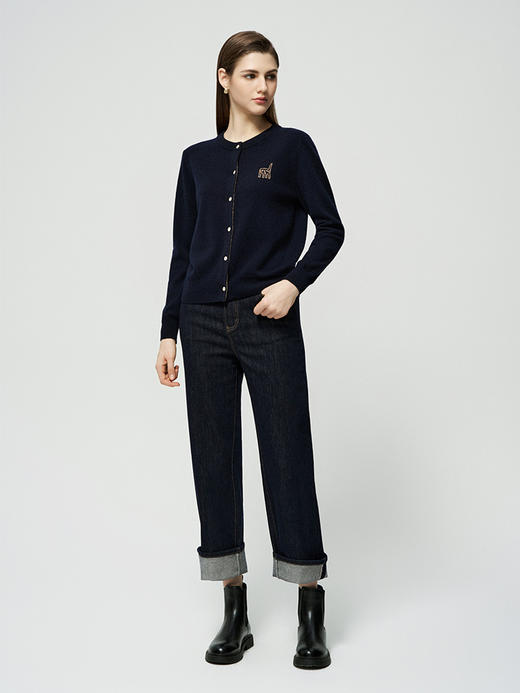 【半价款刺绣装饰羊绒开衫】羊绒世家秋冬新款女士100%山羊绒圆领针织开衫 商品图2