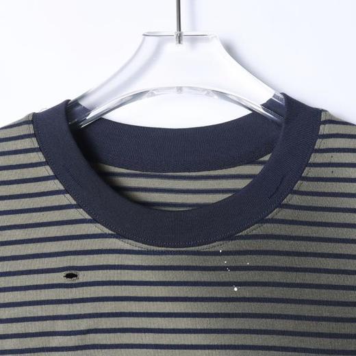 8230SDSA男士秋冬新款痞帅男装韩版撞色破洞泼墨条纹圆领长袖T恤百搭 商品图2