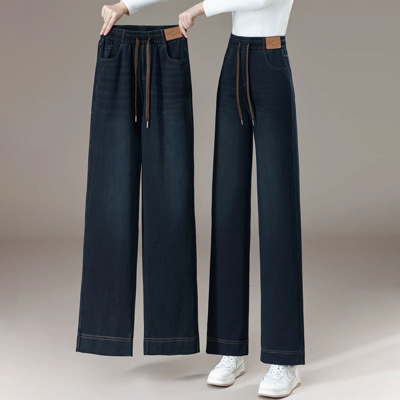 半身缘女裤 冬季保暖松紧腰阔腿裤加厚加绒直筒牛仔裤254202U10120133