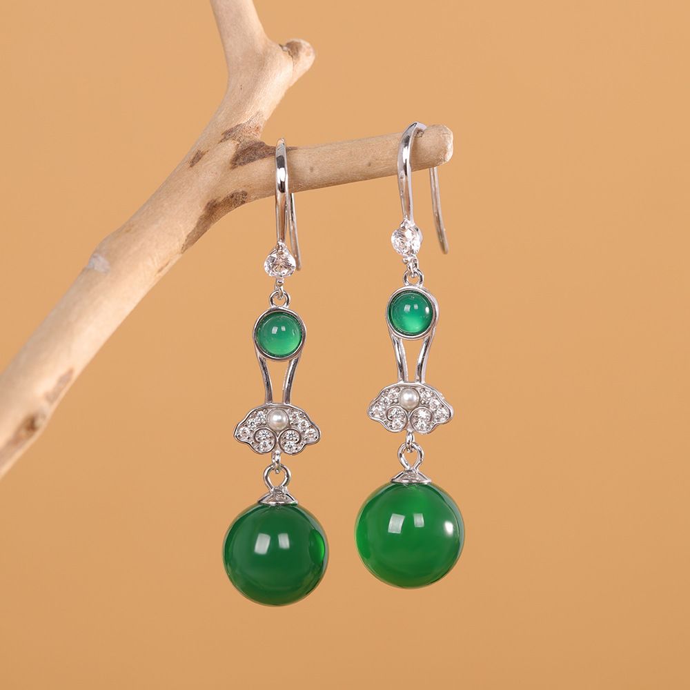 【一念清新】耳饰S925银镶嵌圆珠绿玉髓如意耳饰【RP-EZ700036】