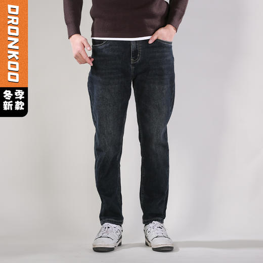 DRONKOO 2025 正常腰表袋拼原色布右后袋侧唛一体绒厚牛仔长裤 商品图0