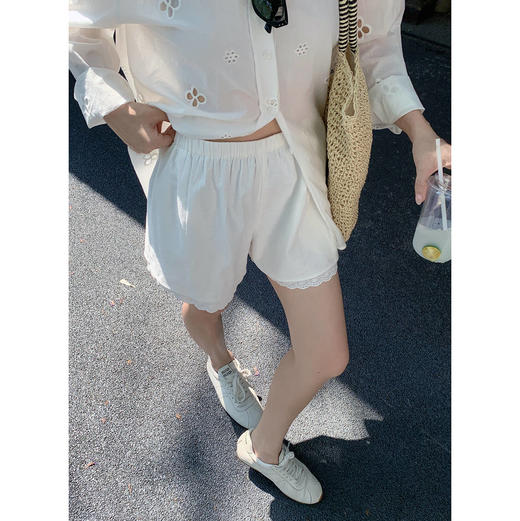 EKOOL衣库 蕾丝花边棉麻高腰短裤女夏季松紧腰宽松百搭显瘦休闲裤 商品图1