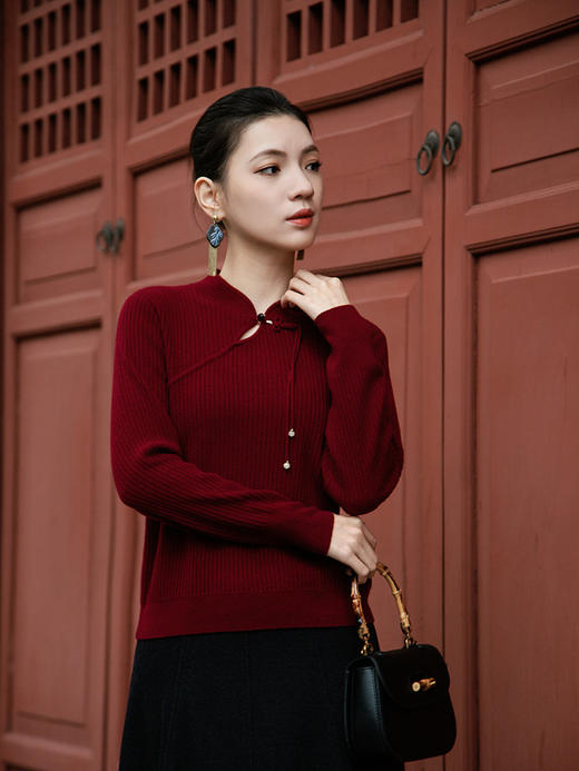 【国风盘扣坑条纹羊绒衫】羊绒世家秋冬新品女士100%山羊绒修身显瘦针织毛衣 商品图0