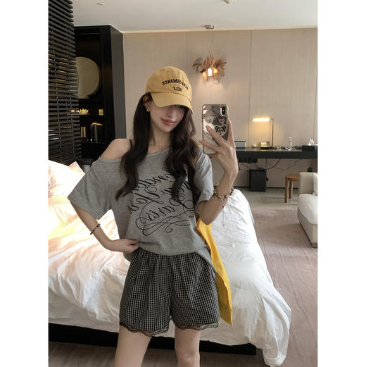 EKOOL衣库 蕾丝花边棉麻高腰短裤女夏季松紧腰宽松百搭显瘦休闲裤 商品图2