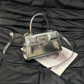 菲拉格慕 博物馆系列 经典Top Handle 银色 牛皮拼漆皮 手提包