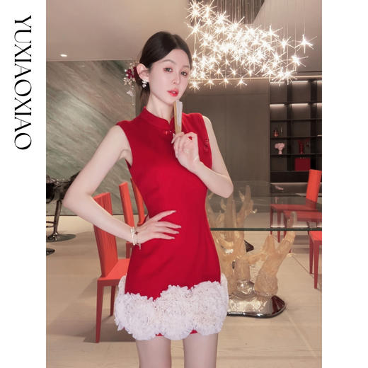 余潇潇【延禧风华】绵羊毛混纺中式立领拼接褶皱花边短款旗袍连衣裙 商品图3