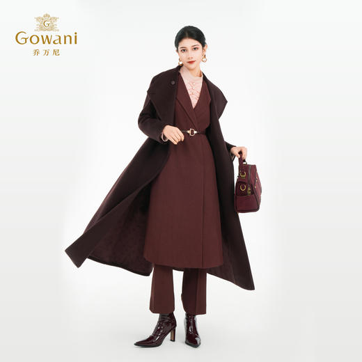 乔万尼新品2025冬100%绵羊毛大气长款复古电影感大翻领系带羊毛呢大衣ED4A710 商品图2