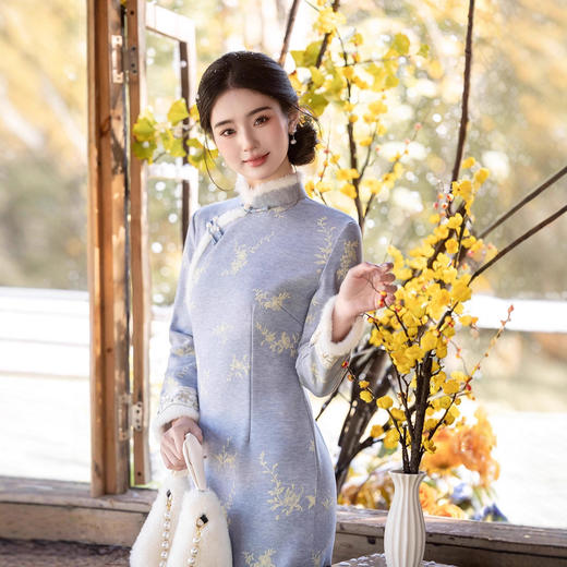 MYJ 加绒加厚国风中式长款长袖旗袍复古 商品图2