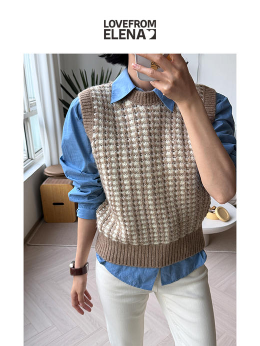 「工厂团购」复古格纹 羊毛混纺 针织马甲 商品图0