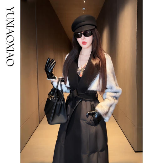 余潇潇【禁忌女王】山羊绒桑蚕丝混纺拼黑十字貂翻领长款水貂羽绒服 商品图4
