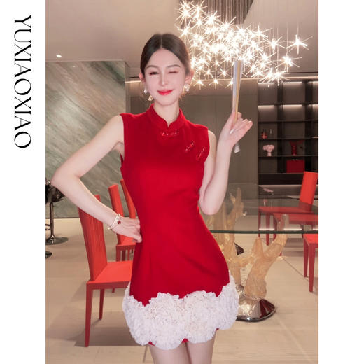 余潇潇【延禧风华】绵羊毛混纺中式立领拼接褶皱花边短款旗袍连衣裙 商品图0