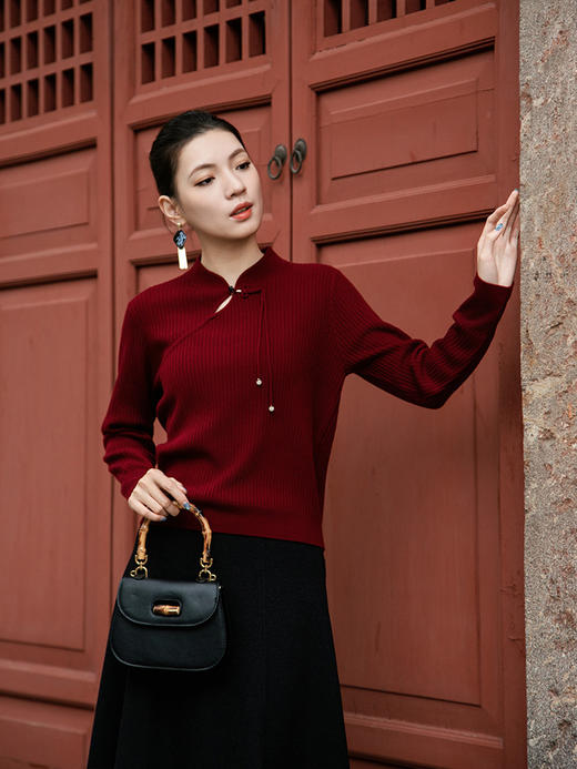 【国风盘扣坑条纹羊绒衫】羊绒世家秋冬新品女士100%山羊绒修身显瘦针织毛衣 商品图1