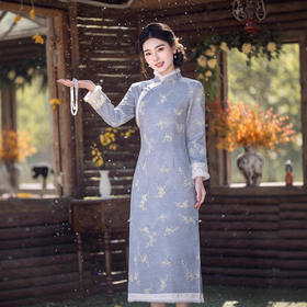MYJ 加绒加厚国风中式长款长袖旗袍复古