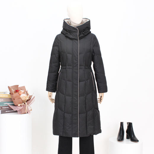 FOCALS冬季新款撞色拼接修身连帽保暖长款羽绒服FRRDD679N1 商品图1