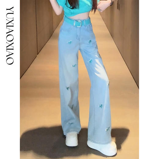 余潇潇【以梦为马】加绒小马刺绣烫钻贴花宽松显瘦显高直筒牛仔裤女 商品图0