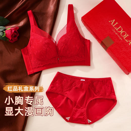 雅黛俪女士内衣内裤套装本命年结婚喜庆大红色性感蕾丝小胸聚拢显大文胸罩三角裤 商品图1