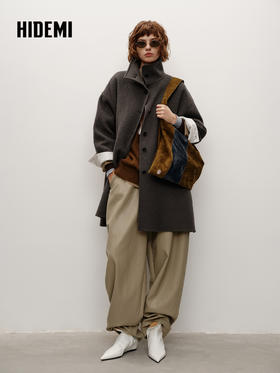 HIDEMI 进口新西兰羊驼毛拉绒做旧感不对称廓形长款大衣 炭灰色