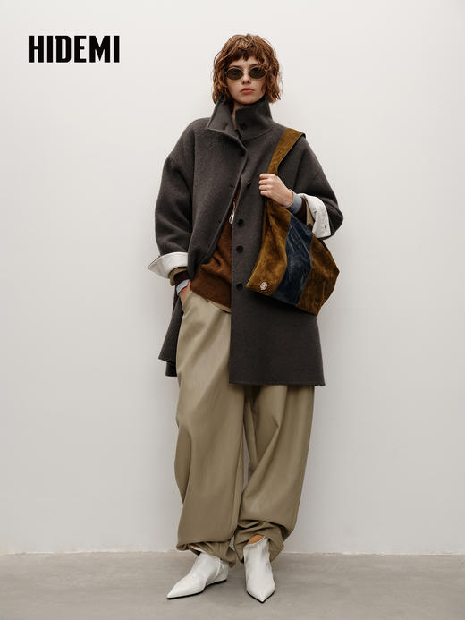 HIDEMI 进口新西兰羊驼毛拉绒做旧感不对称廓形长款大衣 炭灰色 商品图0