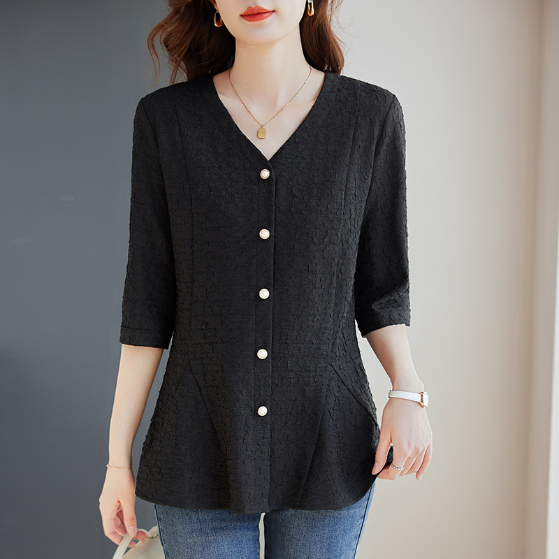 2025秋季新款女装蕾丝打底衫女士衬衫胖mm大码七分袖上衣中袖小衫