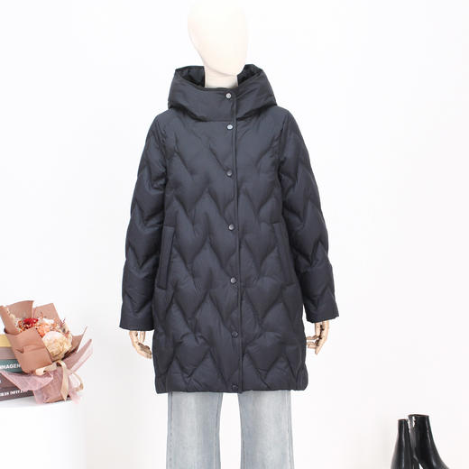 FOCALS新款简约休闲连帽绗缝白鸭绒中长款羽绒服外套FRW8D073 商品图0