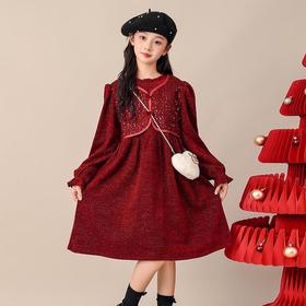 儿童一体绒公主裙连衣裙红色冬季裙子假两件女童新年加绒秋冬礼服