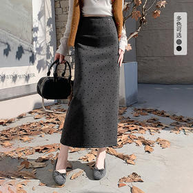 西遇波点毛呢加绒半身裙女冬季新款后开叉中长款直筒a字裙SS051992