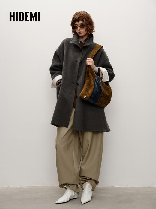 HIDEMI 进口新西兰羊驼毛拉绒做旧感不对称廓形长款大衣 炭灰色 商品图1