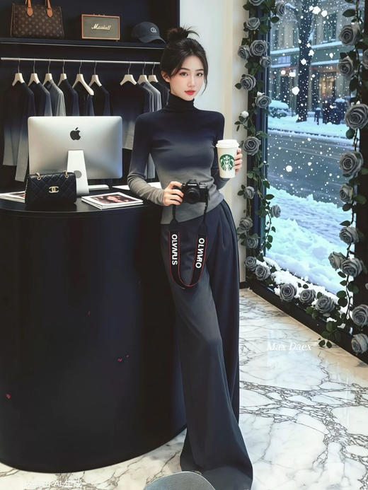 冷艳渐变高领堆堆领针织羊毛针织混纺打底衫 商品图3