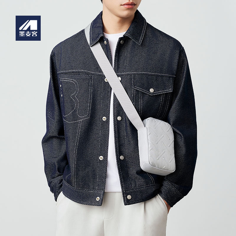 墨麦客男装春秋季夹克新款经典斜纹牛仔男士休闲翻领外套男。